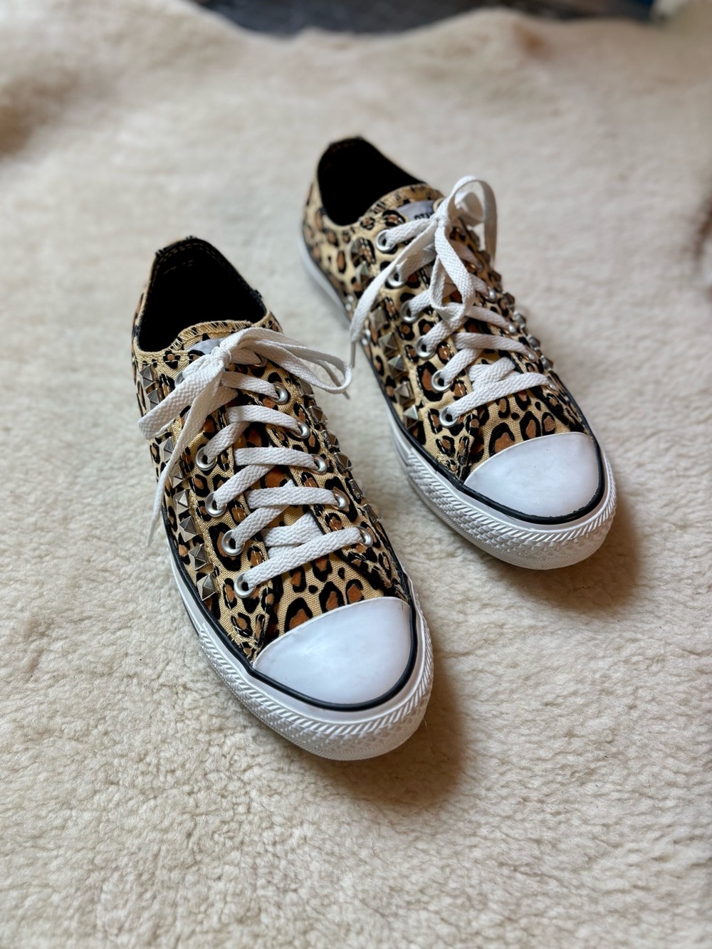 Converse Low-Top Leopard Print Sneakers with Silver Pyramid Studs - Picture 7 of 12